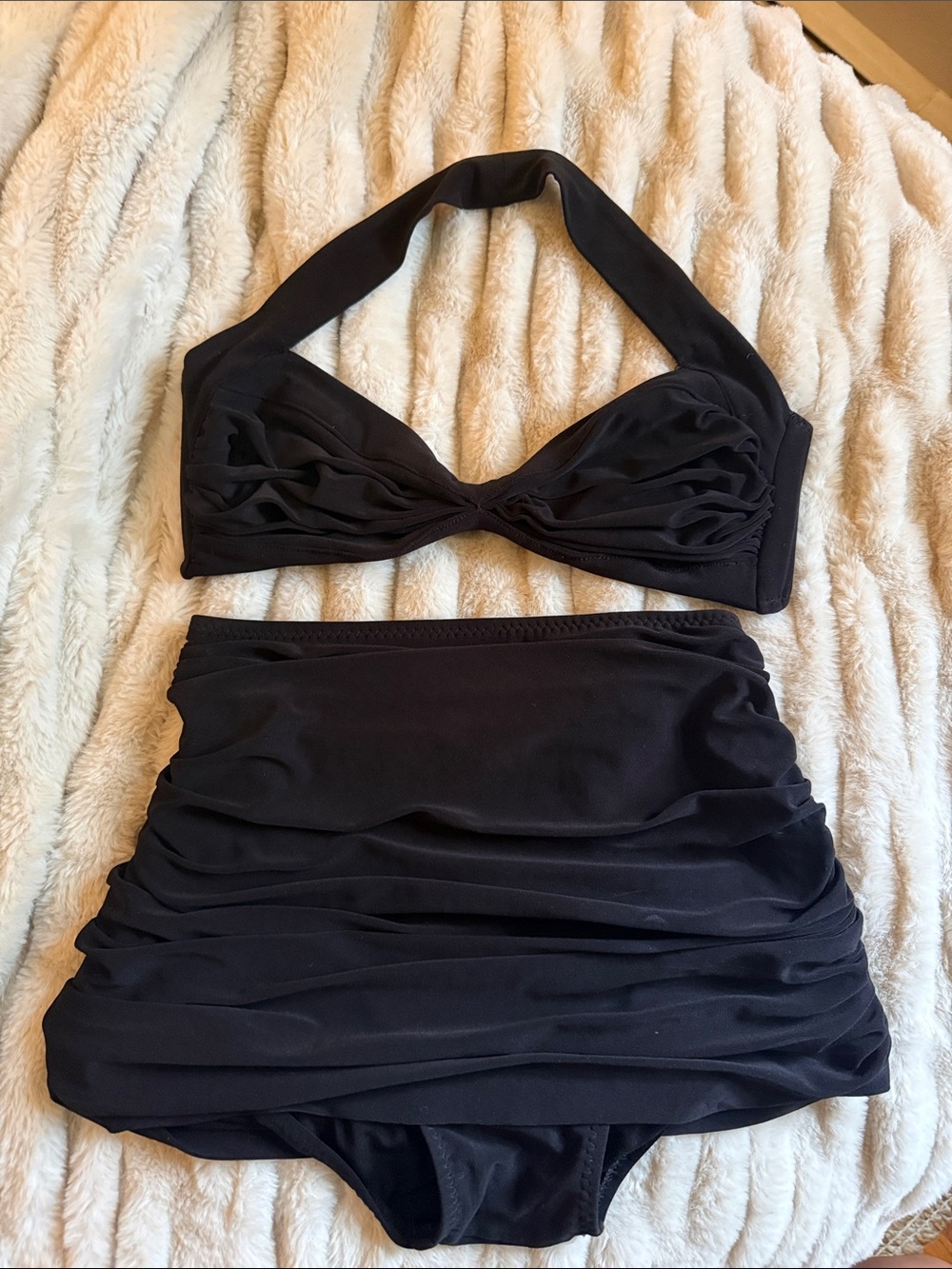 Norma Kamali Bill Black Halter Ruched Top and High Waisted Bottoms